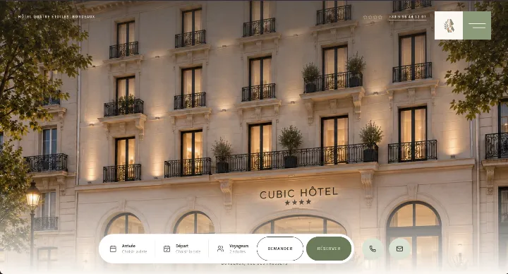 Page d'accueil du site internet de Cubic Hôtel, à Bordeaux